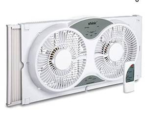 lot 72542 image: Lot of 2, Shinic 9 Inch Twin Window Fan with Remote, 3 Speeds, 3 Function, Reversible Quiet Air Flow, Kitchen Exhaust Fan with Additional Expandable Panel, 22.5-37 Fit Household Window Fans for Bathroom