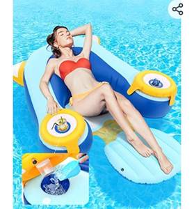 lot 72554 image: Valwix Inflatable Pool Lounge Recliner for Adults with Backrest, Footrest & Cup Holder Ice Buckets, Water Lounger 250 lbs Capacity