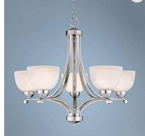 lot 72572 image: $$1425-84 Paradox - Chandelier 5 Light Brushed Nickel in Transitional Style - 23.5 inches tall by 27 inches wide, Brushed Nickel Finish with Etched Marble Glass ,Retail $344.99