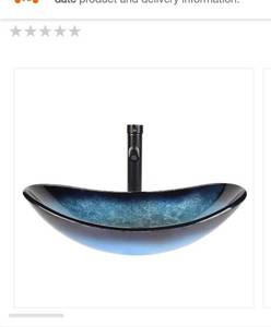 lot 72573 image: USGB0005-BL Blue Tempered Glass Hand Painted Oval Vessel Bathroom Sink with Faucet, Retail $147.99