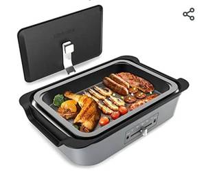 lot 72575 image: Mishcdea Multifunctional Electric Griddle, Large Hot Plate Smokeless Indoor Grill, Hotpot and Steamer, with Removable Nonstick Plate, 4-Level Temperature Control, 3L, 1200W, Gray