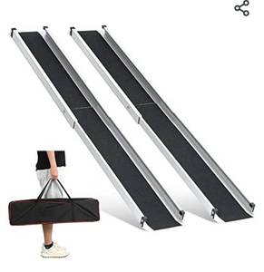 lot 72577 image: Wheelchair Ramps for Steps, 5L x 7.4 W, 600lbs Capacity, Adjustable Aluminum Ramp, Telescoping Portable with Storage Bag, Non-Skid Surface Wheelchair Ramp for Home, Stairs, Steps(2 Pack)