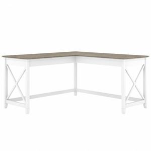 lot 64221 image: Bush Furniture Key West 60W L Shaped Desk in Pure White and Shiplap Gray - MSRP - $324.06