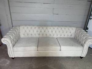 lot 64226 image: Mid Century Modern Tufted Rolled Arm Couch Cream Color
