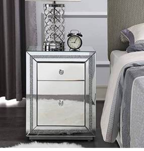 lot 64262 image: MIREO Mirrored Nightstand,Crushed Diamond Decor, Mirror Accent Silver Table for Living RoomBedroom