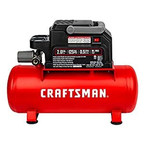 lot 64297 image: Craftsman Air Compressor, 2 Gallon Portable Air Compressor, Hot Dog Tank, 13 HP Oil-Free Max 125 PSI Pressure, 0.7 CFM40 PSI, 0.5 CFM90 PSI, Model CMXECXA0200243 , Red (B07Y2XFK44)