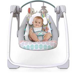 lot 64300 image: Bright Starts Whimsical Wild Portable Compact Automatic Deluxe Baby Swing with Music and Taggies, Newborn and up