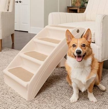 lot 4879 image: PetSafe CozyUp Folding Dog Stairs - Pet Stairs for IndoorOutdoor at Home or Travel - Dog Steps for High Beds - Pet Steps with Siderails, Non-Slip Pads - Durable, Support up to 150 lbs - Large, Tan