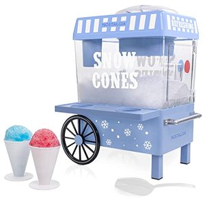lot 5616 image: Nostalgia Vintage Countertop Snow Cone Maker Makes 20 Icy Treats, Includes 2 Reusable Plastic Cups & Ice Scoop Blue