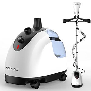 lot 5677 image: Professional Heavy Duty Hanging Clothes Steamer,1.2 L (40OZ) 80min of Continuous, 2 Level Adjustment, with Fabric BrushGarment HangerAnti-scalding, 1.2L, WhiteBlack