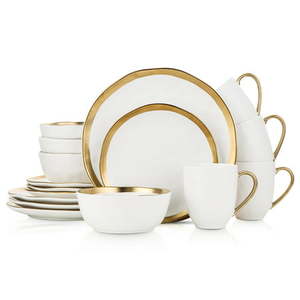 lot 5685 image: Stone Lain Florian Modern Porcelain Dish Set 16-Piece Dishes for 4 Gold and White