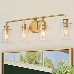 lot 5701 image: Bathroom Light Fixtures, 4 Lights Bathroom Vanity Light, Gold Bathroom Light Fixtures with Seeded Glass Shades for Dressing Room, Hallway, 31L x 5.5W x 9H, E26