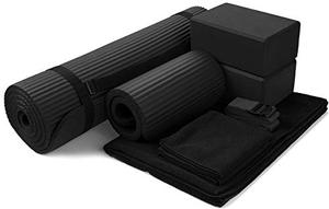 lot 5705 image: BalanceFrom GoYoga 6-Piece Set - Include Yoga Mat with Carrying Strap, 2 Yoga Blocks, Yoga Mat Towel, Yoga Hand Towel, Yoga Strap and Yoga Knee Pad (Black, 12-Thick Mat)