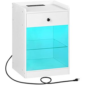 lot 5708 image: HOOBRO Nightstand with Charging Station and LED Lights, Side Table with Drawer and Storage Shelf, End Table with USB Ports and Outlets, for Small Space, Bedroom, White WT603BZ01