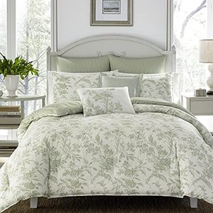 lot 5730 image: Laura Ashley Home - Queen Size Comforter Set, Reversible Cotton Bedding, Includes Matching Shams with Bonus Euro Shams & Throw Pillows (Natalie SageOff White, Queen)