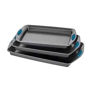 lot 5741 image: Rachael Ray Bakeware Nonstick Cookie Pan Set, 3-Piece, Gray with Marine Blue Grips
