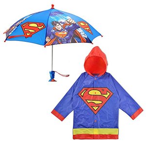 lot 5747 image: DC Comics boys Batman Slicker and Umbrella Set Rain Accessory, Superman, SMALL AGE 2-3 US