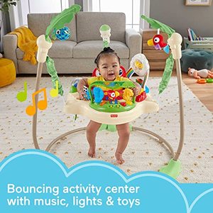 lot 5553 image: Fisher-Price Rainforest Jumperoo, freestanding baby activity center with lights, music, and toys