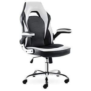 lot 5554 image: Gaming Chair - Ergonomic Office Chair Flip-up Armrest and Height Adjustable Desk Splicing PU Leather Computer Chair with Lumbar Support, White