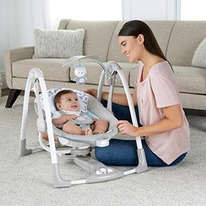 lot 5593 image: Ingenuity ConvertMe 2-in-1 Compact Portable Baby Swing & Infant Seat, Battery-Powered Vibrations, Automatic Sway, Nature Sounds - Raylan