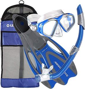 lot 5594 image: U.S. Divers Cozumel Seabreeze Adult Snorkeling Combo Set with Adjustable Mask, Snorkel, MediumLarge Fins (8-9.5), and Travel Bag, Blue