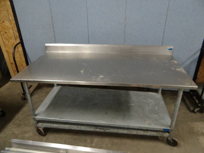 lot 2321 image: (2) 72x36 Stainless Top Tables w  5 Back Splash