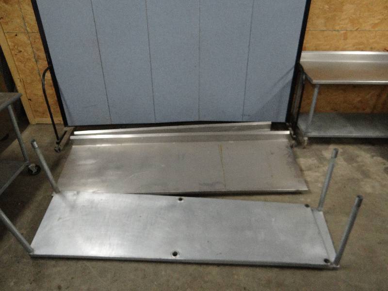 lot 2326 image: (2) Stainless Tops 96 w 2 Bases  w 5 Back Splash on One Caster