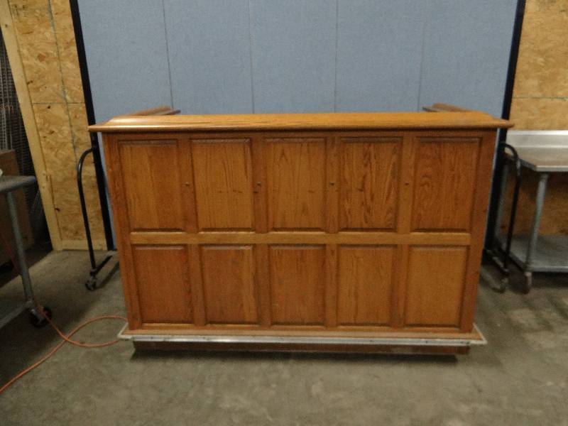 lot 2337 image: Solid Custom Oak Trim 72 Portable Bar on Casters