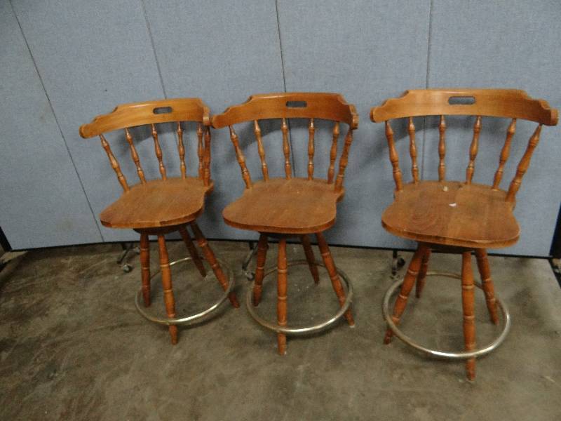 lot 2359 image: (3) Solid Light Wood Swiveling Top High Back Bar Stools