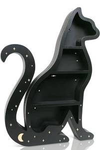 lot 41907 image: HopSkip Black Cat Shelf for Crystals and Essential Oils, Durable Pine Floating Shelves, Beautiful Delicate Laser Engraved Star Design, Functional Hanging Shelves - 16.1 x 12.2