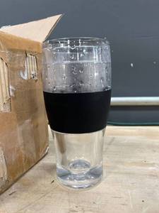 lot 41912 image: Host Freeze Beer 16 ounce Freezer Gel Chiller Double Wall Plastic Frozen Pint Glass, Black & Grey-Set of 4