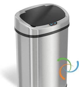 lot 41943 image: SensorCan 13 Gallon Sensor Trash Can Odor Control System, Oval Shape Automatic Kitchen and Office Garbage Bin (Powered by Battery or Optional AC Adapter), BlackStainless Steel