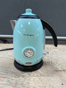 lot 58906 image: Nostalgia WK17AQ Retro Stainless Steel Electric Water Kettle, Holds 1.7 Liters, Auto-Shut Off & Boil-Dry Protection, 360-Degree Rotating Base, Water Level Indicator Window, Aqua