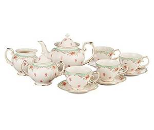 lot 72622 image: $$Gracie China by Coastline Imports Vintage Green Rose Porcelain 11-Piece Tea Set, Green,Retail $105.99