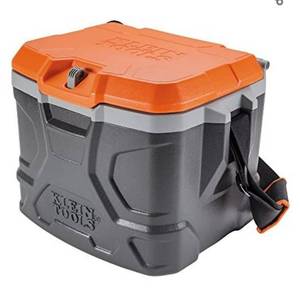 lot 72629 image: Klein Tools 55600 Work Cooler, 17-Quart Lunch Box Holds 18 Cans, Keeps Cool 30 Hours, Seats 300 Lb, Tradesman Pro Tough Box