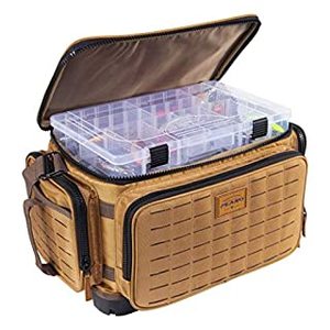 lot 72695 image: Plano Guide Series Tackle Bag  Premium Tackle Storage with No Slip Base and Included stows, Khaki with Brown and Black Trim,Retail $104.99