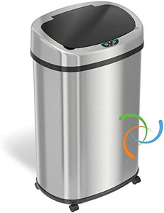 lot 39780 image: SensorCan Oval Sensor Trash Can with Wheels and AbsorbX Odor Control System, Stainless Steel  (13 Gallon)