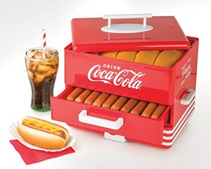 lot 39781 image: Nostalgia Extra Large Diner Style Coca Cola Hot Dog Steamer and Bun Warmer, Red
