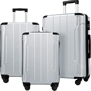 lot 59345 image: Merax Expandable Lightweight Spinner Suitcase Luggage Set with Corner Guards, Silver  (3pcs)