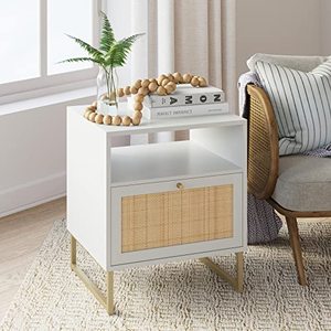 lot 60656 image: Nathan James Accent Table with Natural Rattan Storage Door, White and Gold