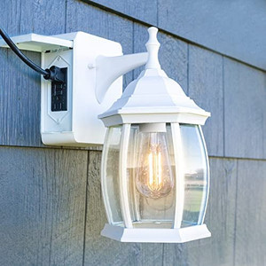lot 60903 image: Addington Park Victoria Collection 1-Light Traditional Outdoor Wall Sconce with Seeded Glass and 2 Built-in Outlets with Circuit Interrupters, White