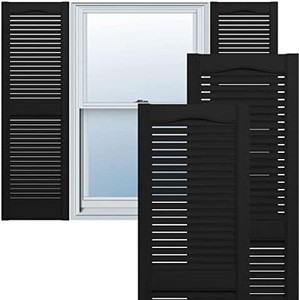 lot 60924 image: Lifetime Vinyl Standard Cathedral Top Center Mullion, Open Louver Vinyl Shutters, Black   (14 12W x 43H)