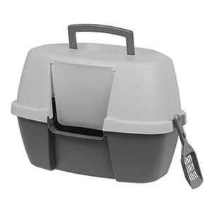 lot 61387 image: IRIS USA Corner Cat Litter Box, Hooded Litter Box with Scoop, Large, Gray