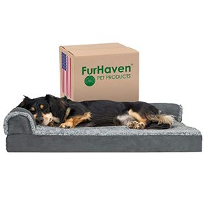 lot 61388 image: Furhaven Two-Tone Faux Fur and Suede L-Shaped Chaise Egg Crate Orthopedic Pet Bed, Stone Gray (Med)