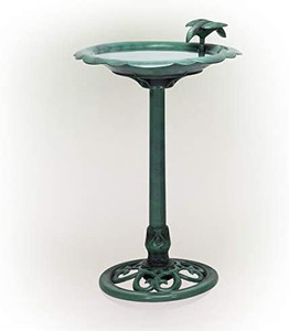 lot 61808 image: Alpine Corporation Antique Flower Birdbath, Green  (20 L x 20 W x 31 H)