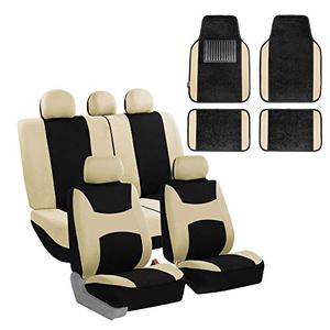 lot 62675 image: FH Group Light & Breezy Cloth Seat Full Car Seat Covers (Airbag & Split Ready) with Carpet Floor Mats- Universal Fit, Beige and Black