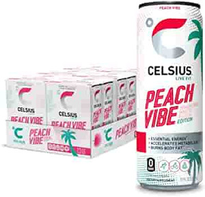 lot 4709 image: CELSIUS Essential Energy Drink, Sparkling Peach Vibe, 12 Fl Oz (Pack of 24) - Packaging May Vary