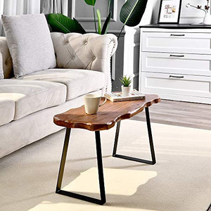 lot 4716 image: &nbspWood Entryway Bench with Metal Legs, Mid-Century Modern Bench for Living Room, Indoor, Porch, Farmhouse