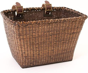 lot 4735 image: Retrospec Bicycles Cane Woven Rectangular Toto Basket with Authentic Leather Straps and Brass Buckles