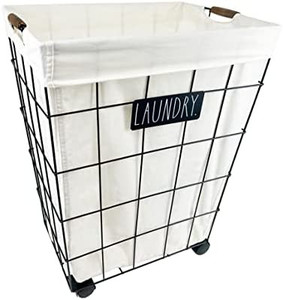 lot 4738 image: Retail $59.99 Rae Dunn Heavy Duty Laundry Hamper on Wheels - Lined Basket with Removable Cloth Liner - By Designstyles